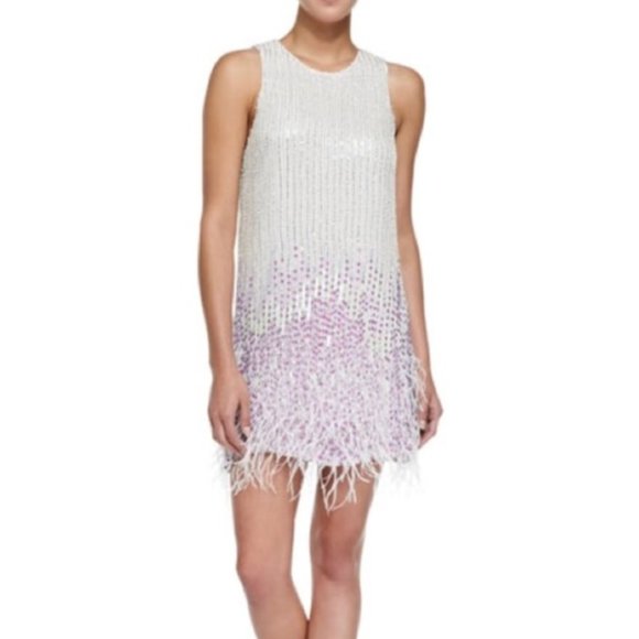 Taylor Swift Dress Allegra White Beaded & Feather Embellished Mini - Picture 1 of 8